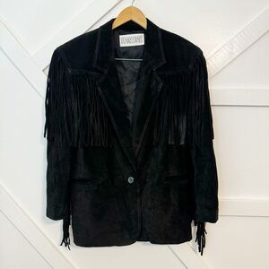Vintage La Nouvelle Renaissance Suede Leather Fringe Blazer Jacket Black Sz M